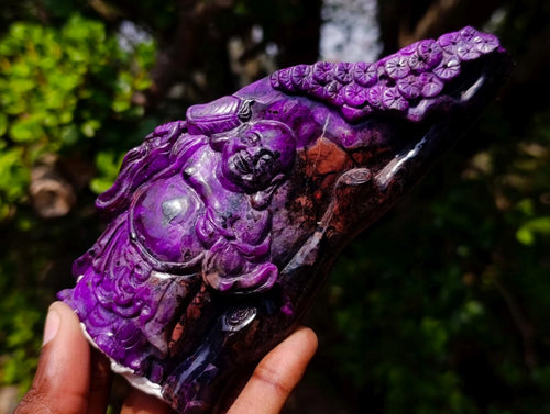Hand Made Super Rare Sugilite Laughing Buddha (Maitreya) Under a Blossoming Tree x 1 From Wessels Mine, South Africa