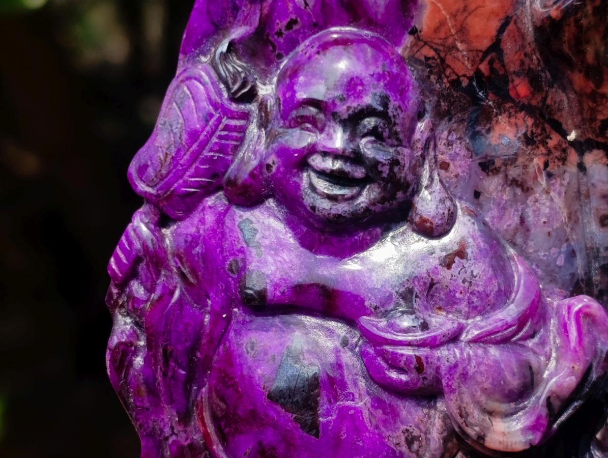 Hand Made Super Rare Sugilite Laughing Buddha (Maitreya) Under a Blossoming Tree x 1 From Wessels Mine, South Africa