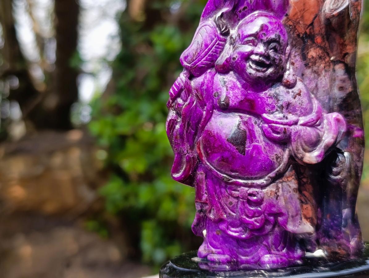 Hand Made Super Rare Sugilite Laughing Buddha (Maitreya) Under a Blossoming Tree x 1 From Wessels Mine, South Africa