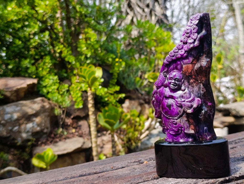 Hand Made Super Rare Sugilite Laughing Buddha (Maitreya) Under a Blossoming Tree x 1 From Wessels Mine, South Africa