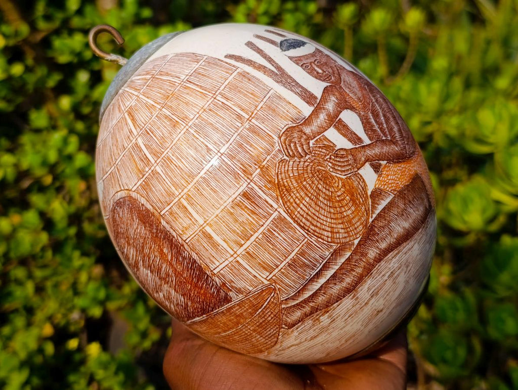 Hand Made Etched and Painted Tribal Ostrich Egg with a Brass Top and Bottom x 1 From South Africa
