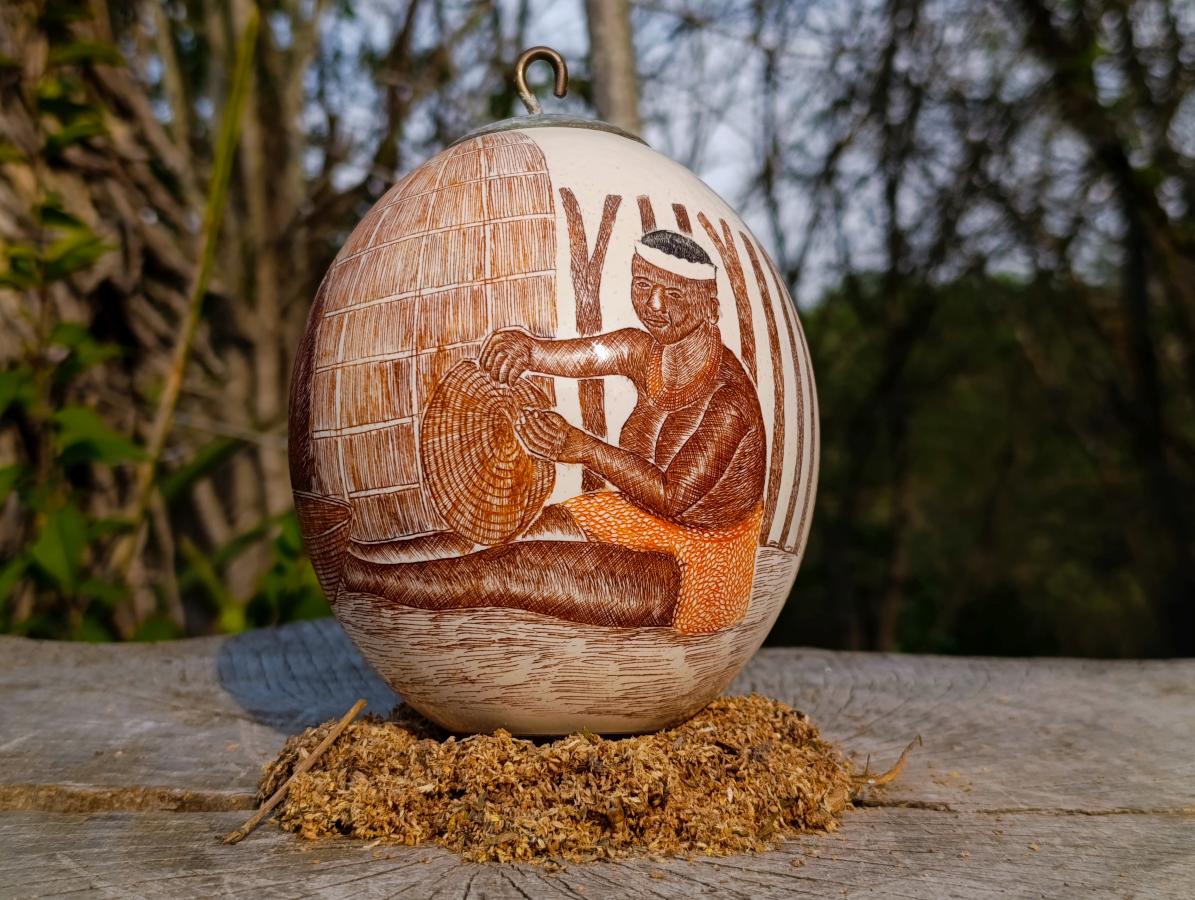 Hand Made Etched and Painted Tribal Ostrich Egg with a Brass Top and Bottom x 1 From South Africa