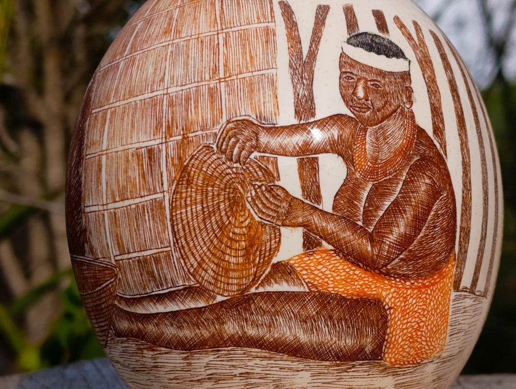 Hand Made Etched and Painted Tribal Ostrich Egg with a Brass Top and Bottom x 1 From South Africa