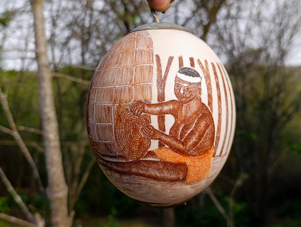 Hand Made Etched and Painted Tribal Ostrich Egg with a Brass Top and Bottom x 1 From South Africa