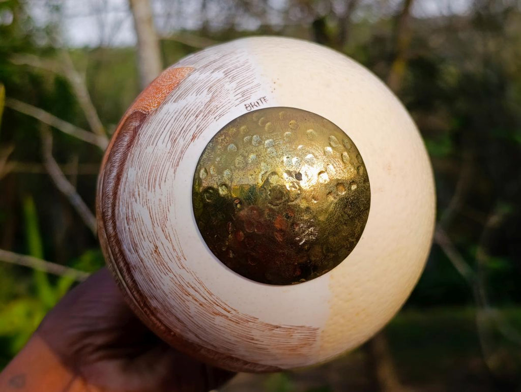 Hand Made Etched and Painted Tribal Ostrich Egg with a Brass Top and Bottom x 1 From South Africa