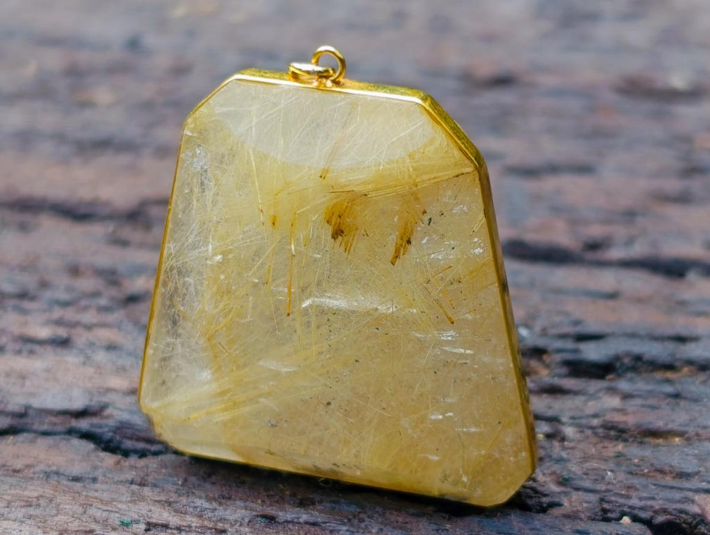 Hand Made Golden Rutilated Quartz in 9 ct Gold Pendant x 1 From Madagascar
