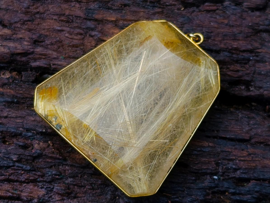 Hand Made Golden Rutilated Quartz in 9 ct Gold Pendant x 1 From Madagascar