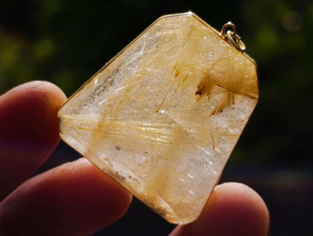 Hand Made Golden Rutilated Quartz in 9 ct Gold Pendant x 1 From Madagascar