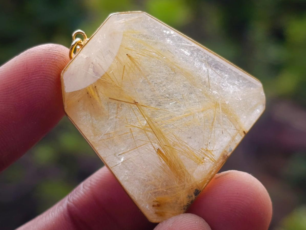 Hand Made Golden Rutilated Quartz in 9 ct Gold Pendant x 1 From Madagascar