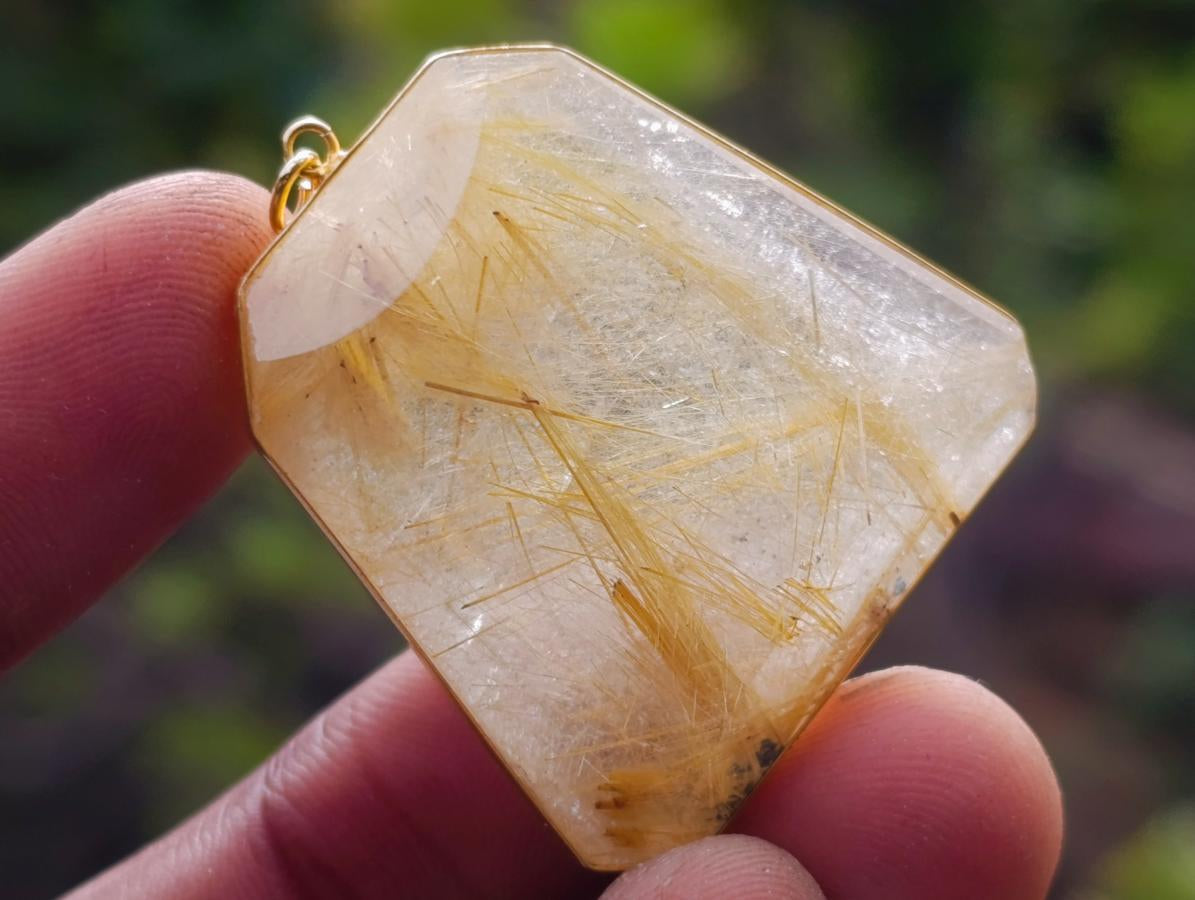 Hand Made Golden Rutilated Quartz in 9 ct Gold Pendant x 1 From Madagascar