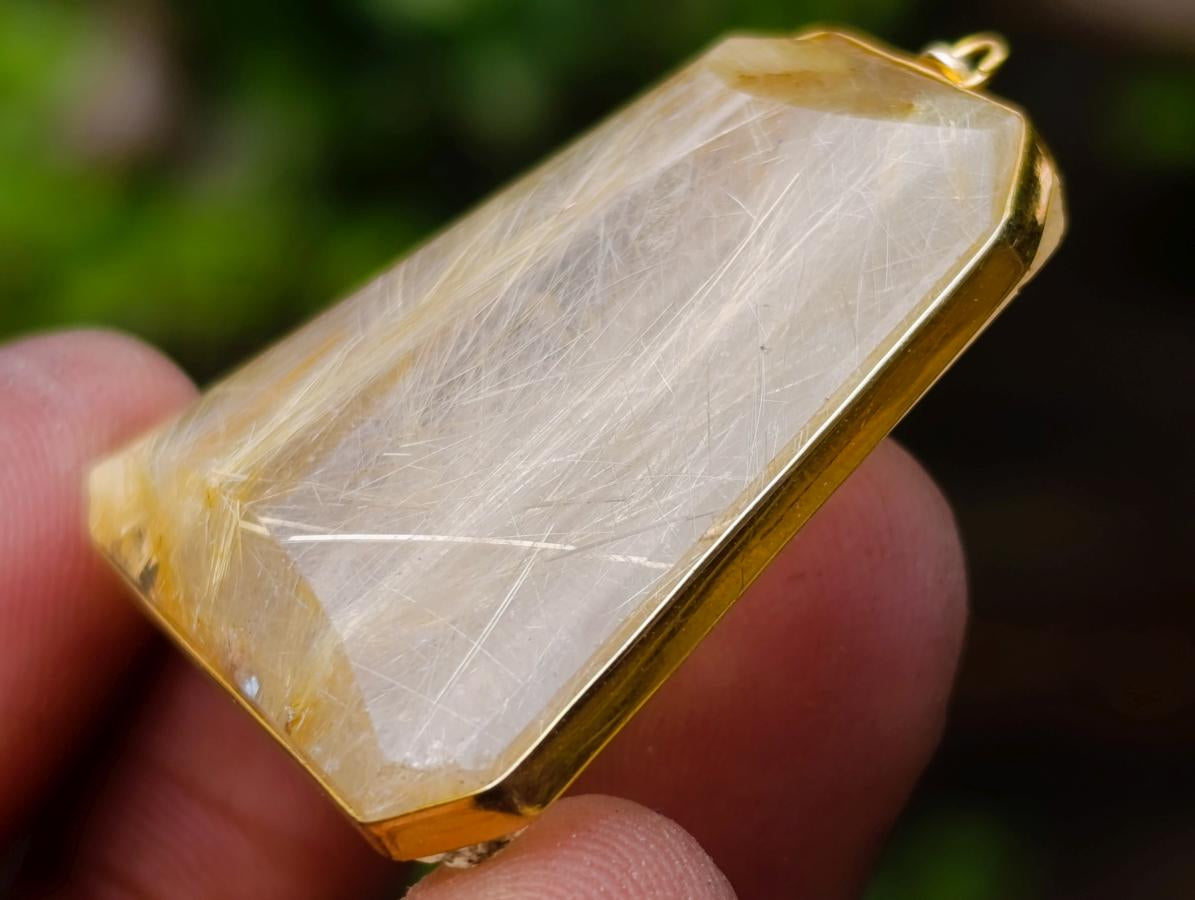 Hand Made Golden Rutilated Quartz in 9 ct Gold Pendant x 1 From Madagascar