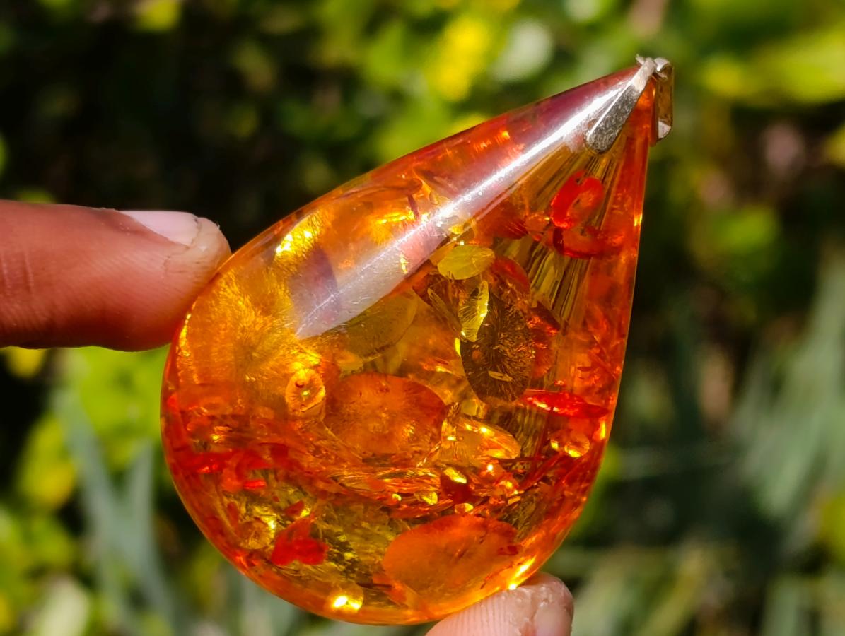 Hand Made Outstandingly Bright Fossil Amber Pendant on an 14 Carat Gold Bezel x 1 From Poland