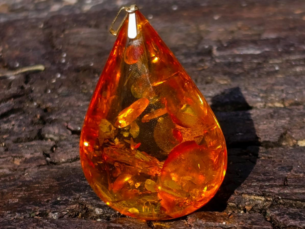 Hand Made Outstandingly Bright Fossil Amber Pendant on an 14 Carat Gold Bezel x 1 From Poland