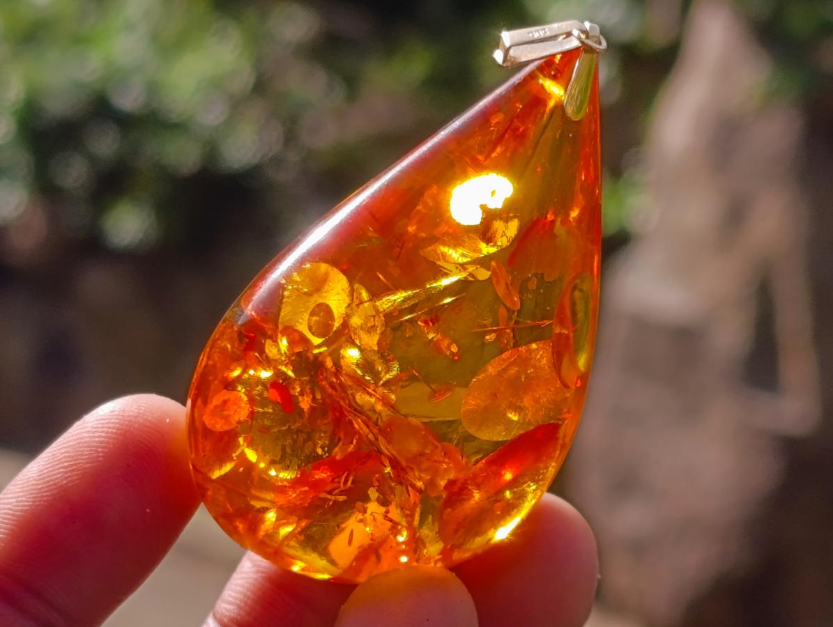Hand Made Outstandingly Bright Fossil Amber Pendant on an 14 Carat Gold Bezel x 1 From Poland