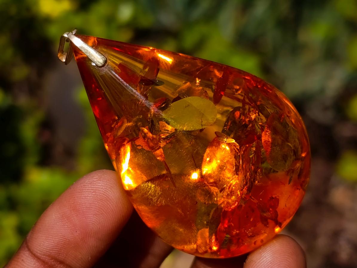 Hand Made Outstandingly Bright Fossil Amber Pendant on an 14 Carat Gold Bezel x 1 From Poland