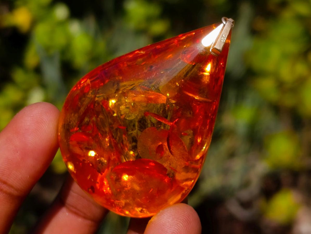 Hand Made Outstandingly Bright Fossil Amber Pendant on an 14 Carat Gold Bezel x 1 From Poland