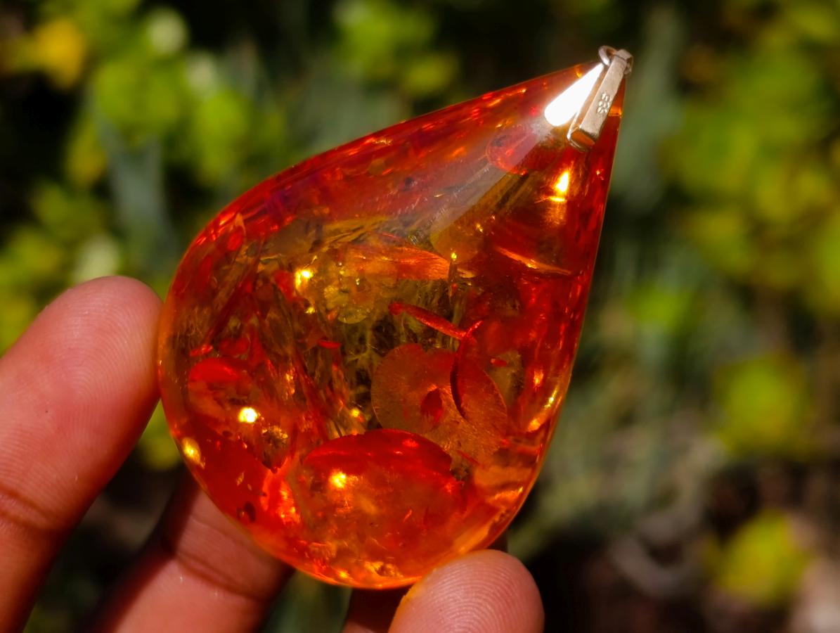 Hand Made Outstandingly Bright Fossil Amber Pendant on an 14 Carat Gold Bezel x 1 From Poland
