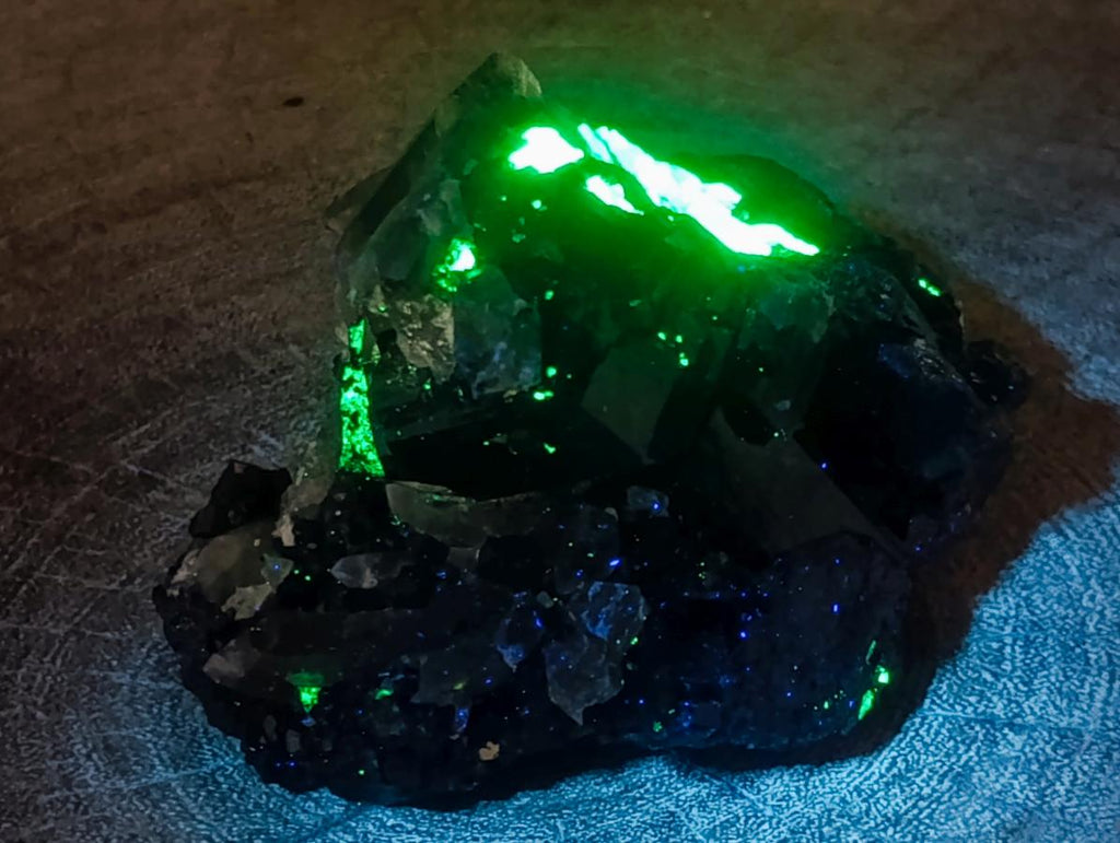 Natural Fluorescent Hyalite Crystalline Opal with Schorl Black Tourmaline Crystal Cluster x 1 From Erongo, Namibia