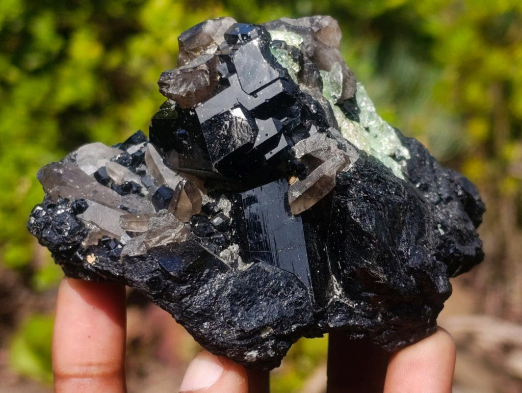 Natural Fluorescent Hyalite Crystalline Opal with Schorl Black Tourmaline Crystal Cluster x 1 From Erongo, Namibia