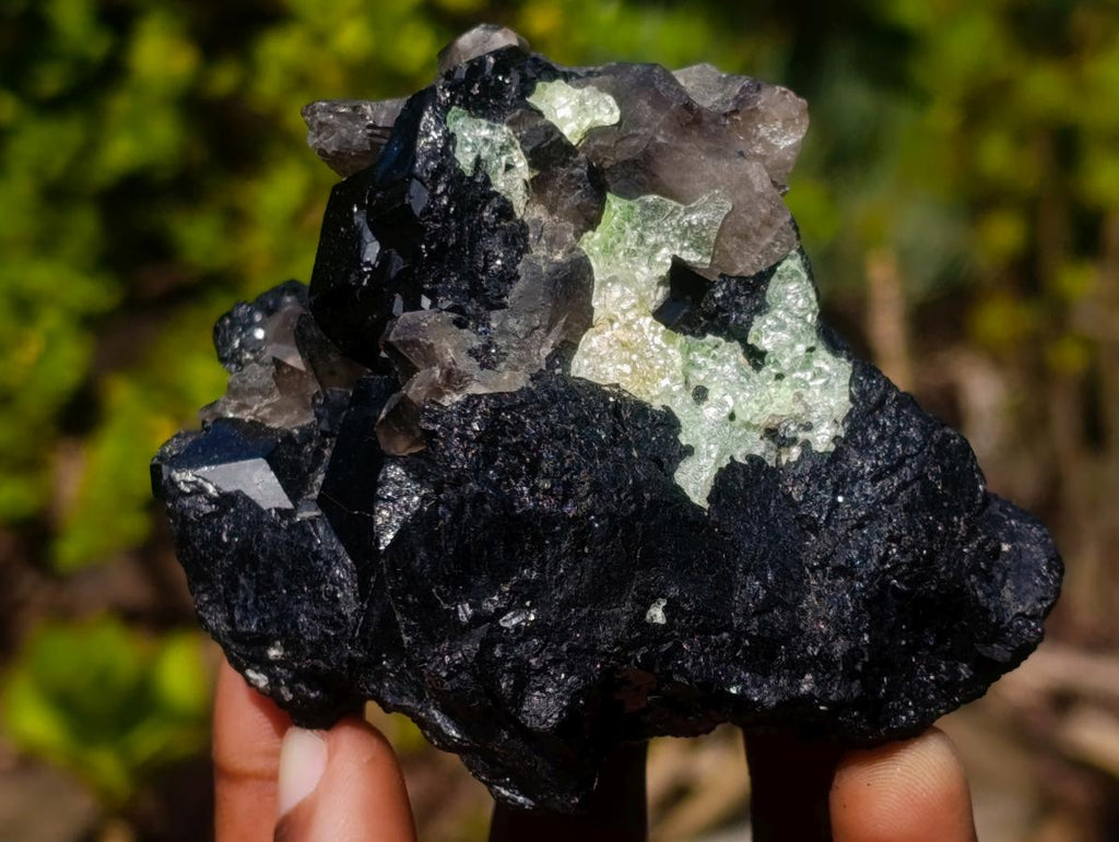 Natural Fluorescent Hyalite Crystalline Opal with Schorl Black Tourmaline Crystal Cluster x 1 From Erongo, Namibia