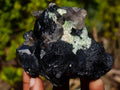 Natural Fluorescent Hyalite Crystalline Opal with Schorl Black Tourmaline Crystal Cluster x 1 From Erongo, Namibia