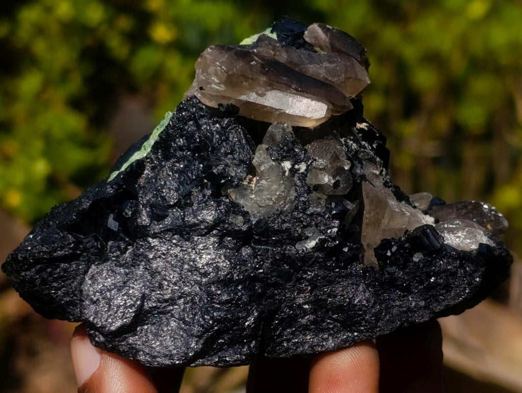 Natural Fluorescent Hyalite Crystalline Opal with Schorl Black Tourmaline Crystal Cluster x 1 From Erongo, Namibia
