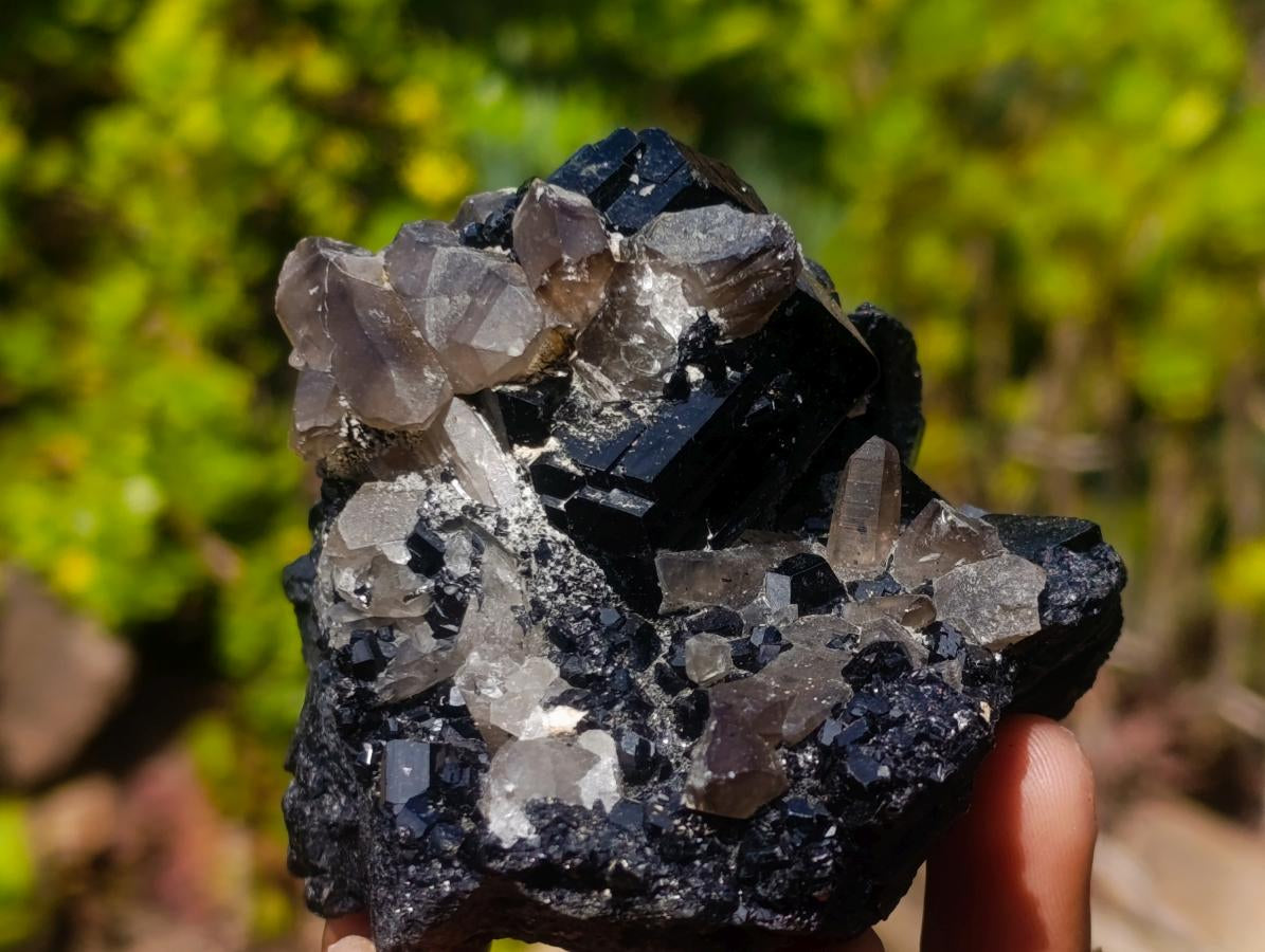 Natural Fluorescent Hyalite Crystalline Opal with Schorl Black Tourmaline Crystal Cluster x 1 From Erongo, Namibia