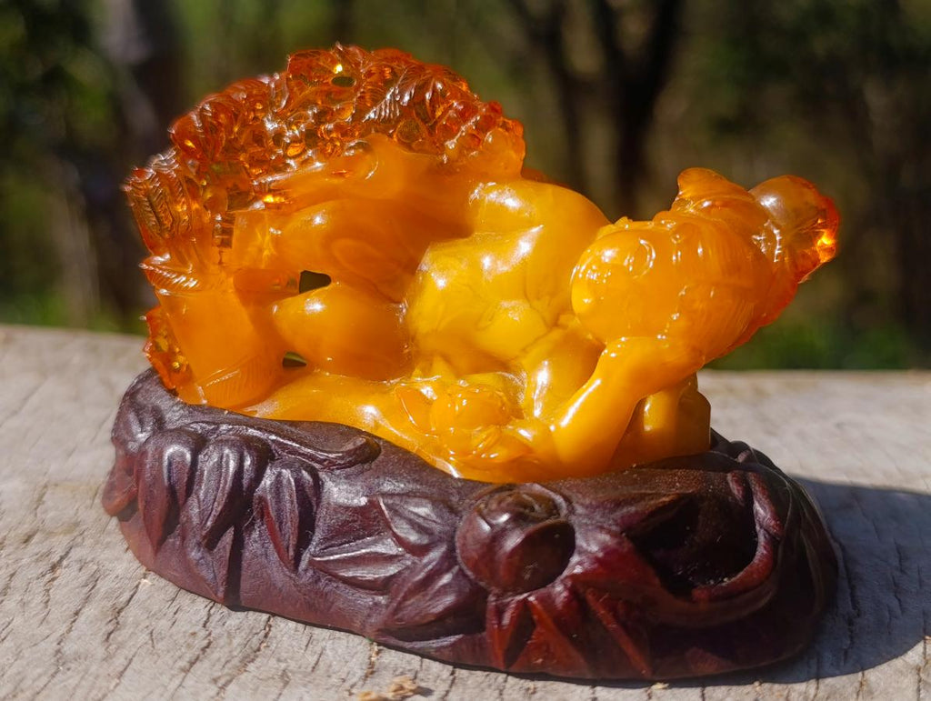 Polished Fossil Amber Carved Sleeping Princess on a Hardwood Base x 1 From Poland