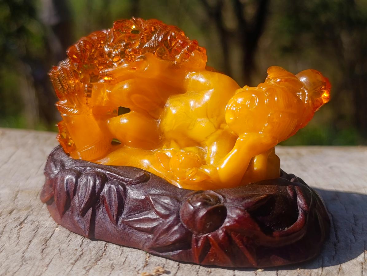 Polished Fossil Amber Carved Sleeping Princess on a Hardwood Base x 1 From Poland