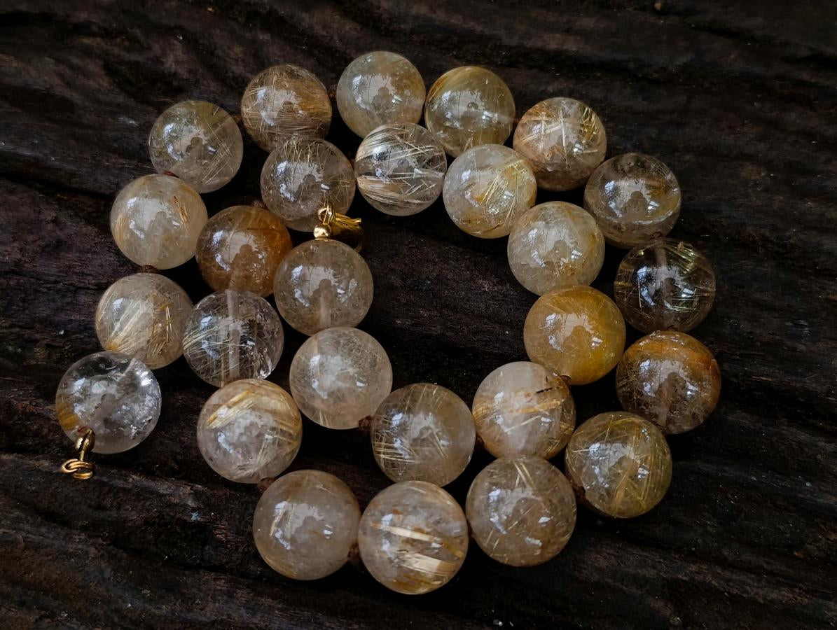 Hand Made Stunning 1980s Brazilian Golden Rutile 18 mm Bead Necklace x 1 From Brazil