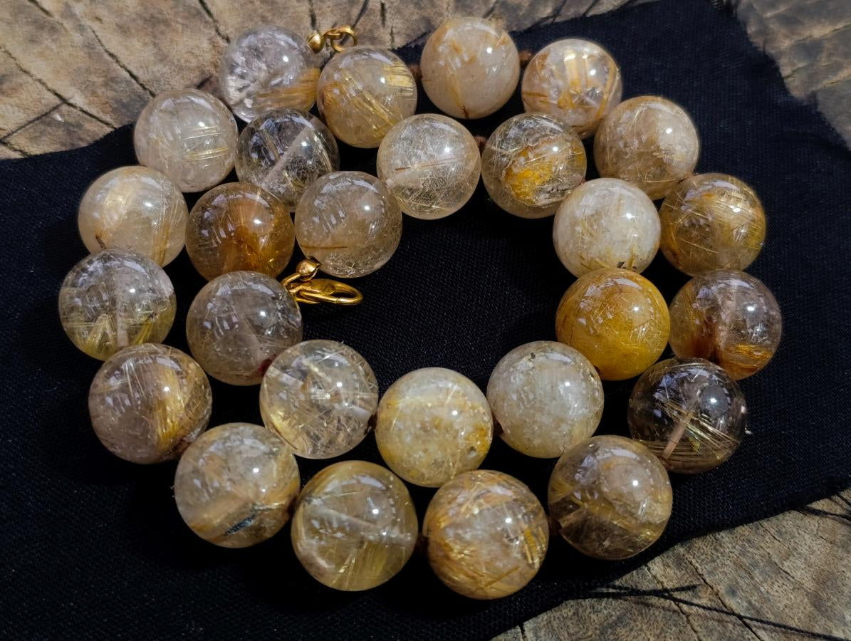 Hand Made Stunning 1980s Brazilian Golden Rutile 18 mm Bead Necklace x 1 From Brazil