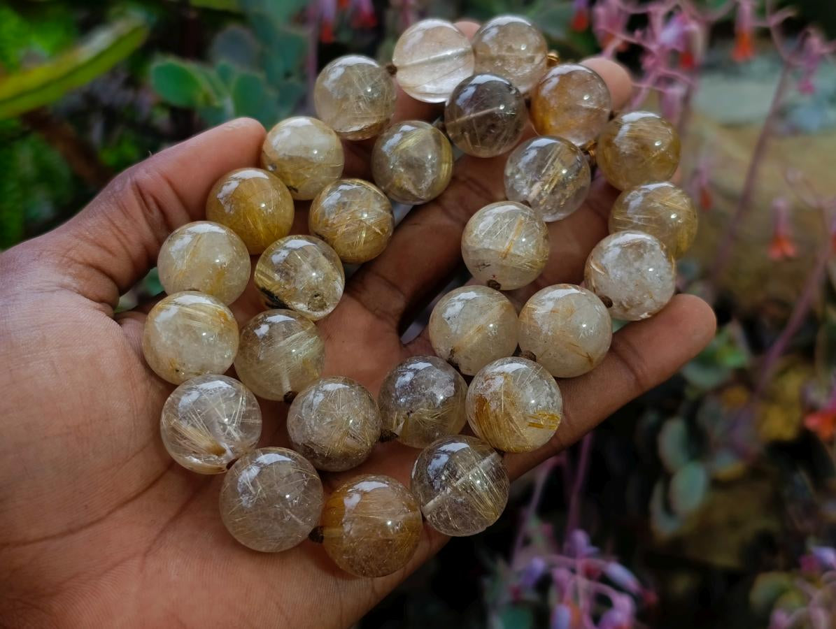 Hand Made Stunning 1980s Brazilian Golden Rutile 18 mm Bead Necklace x 1 From Brazil