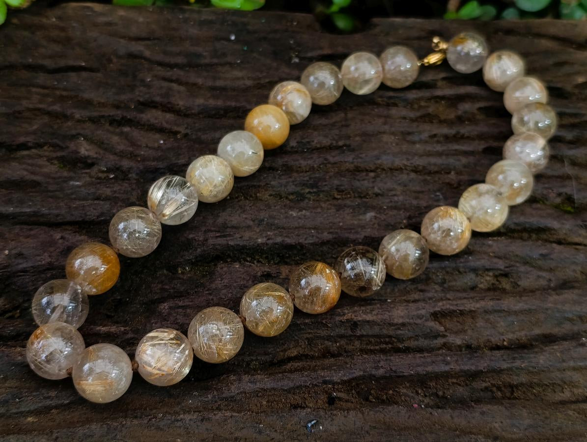 Hand Made Stunning 1980s Brazilian Golden Rutile 18 mm Bead Necklace x 1 From Brazil