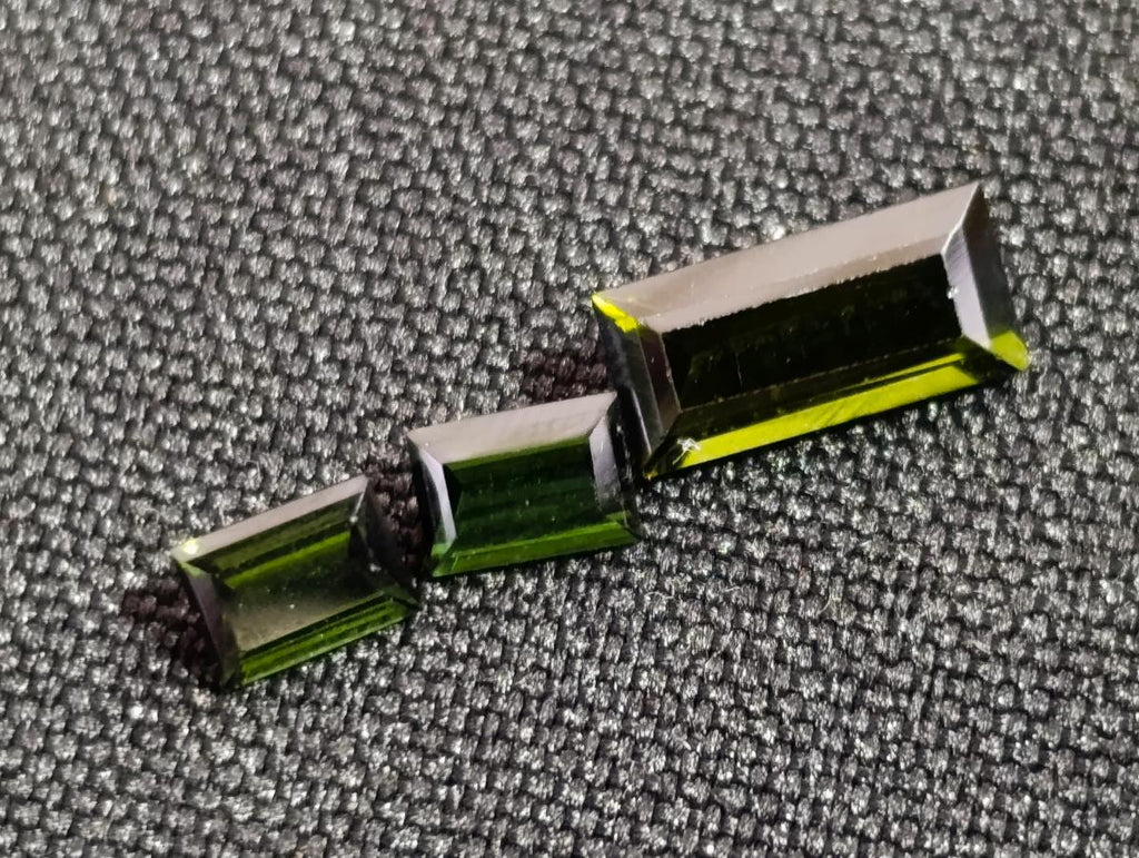 Polished Set of 3 Verdelite Green Tourmaline Baguette Cut Faceted Gemstones x 1 From Karibib, Namibia