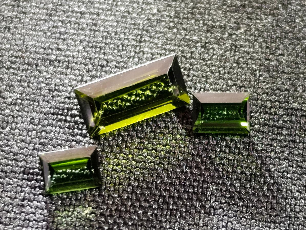 Polished Set of 3 Verdelite Green Tourmaline Baguette Cut Faceted Gemstones x 1 From Karibib, Namibia