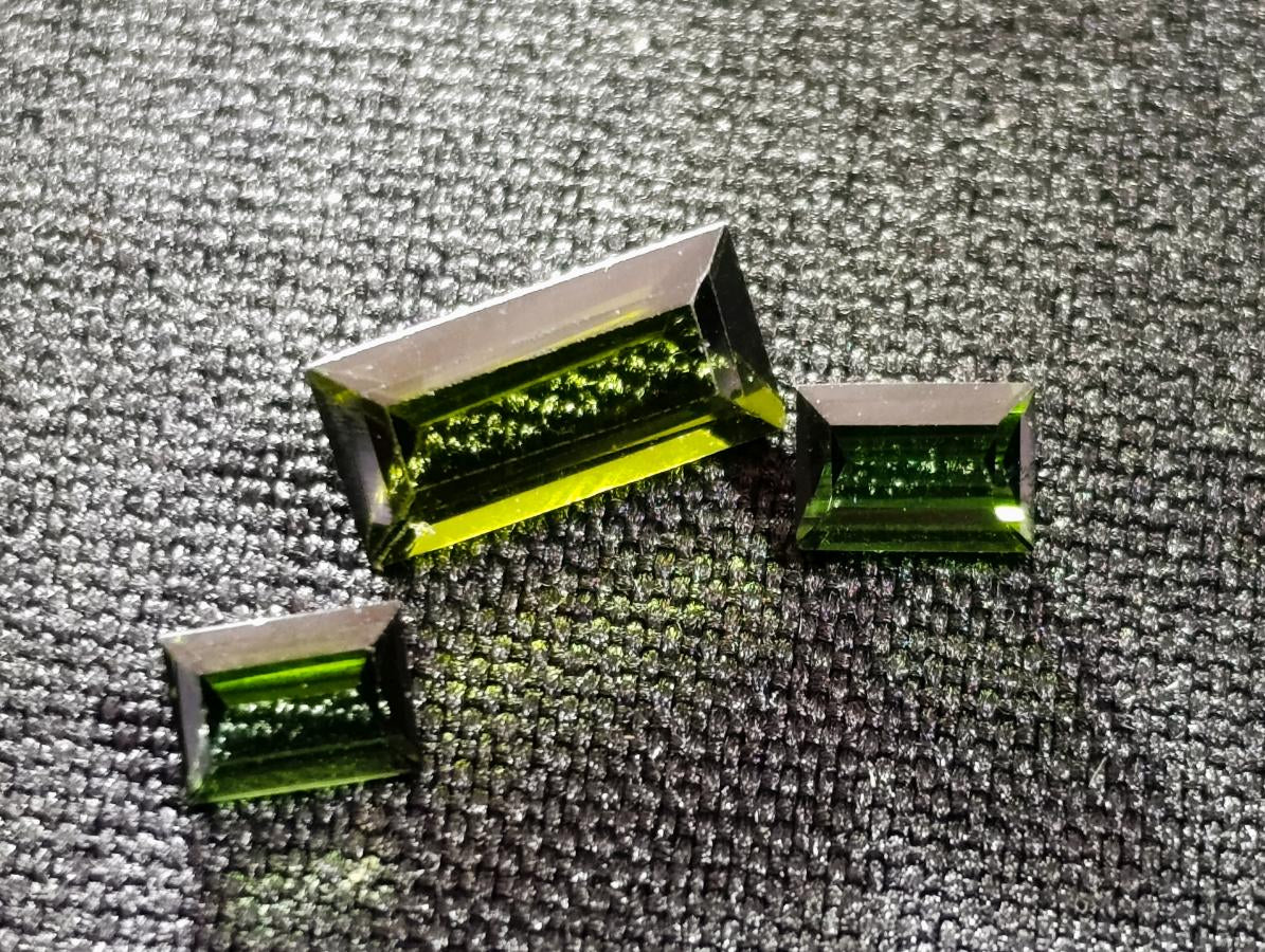 Polished Set of 3 Verdelite Green Tourmaline Baguette Cut Faceted Gemstones x 1 From Karibib, Namibia