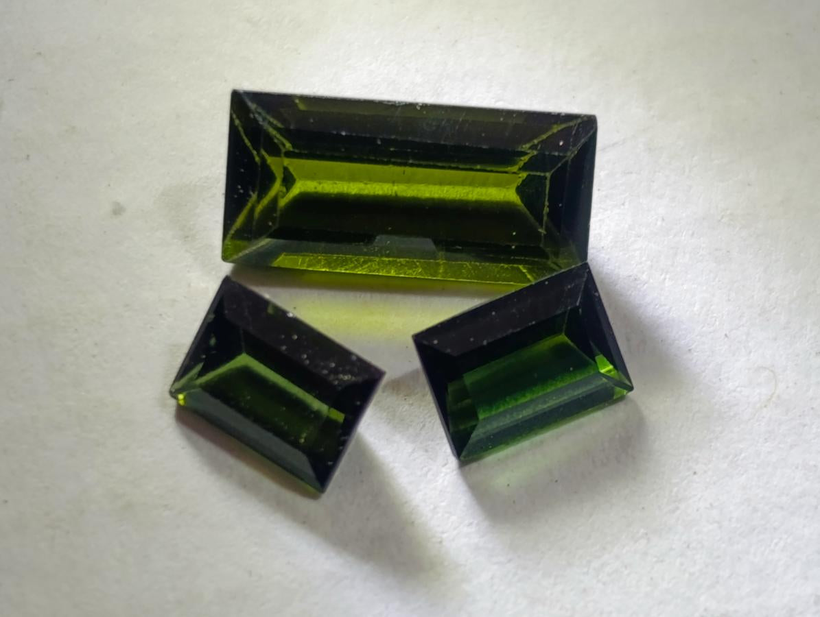 Polished Set of 3 Verdelite Green Tourmaline Baguette Cut Faceted Gemstones x 1 From Karibib, Namibia