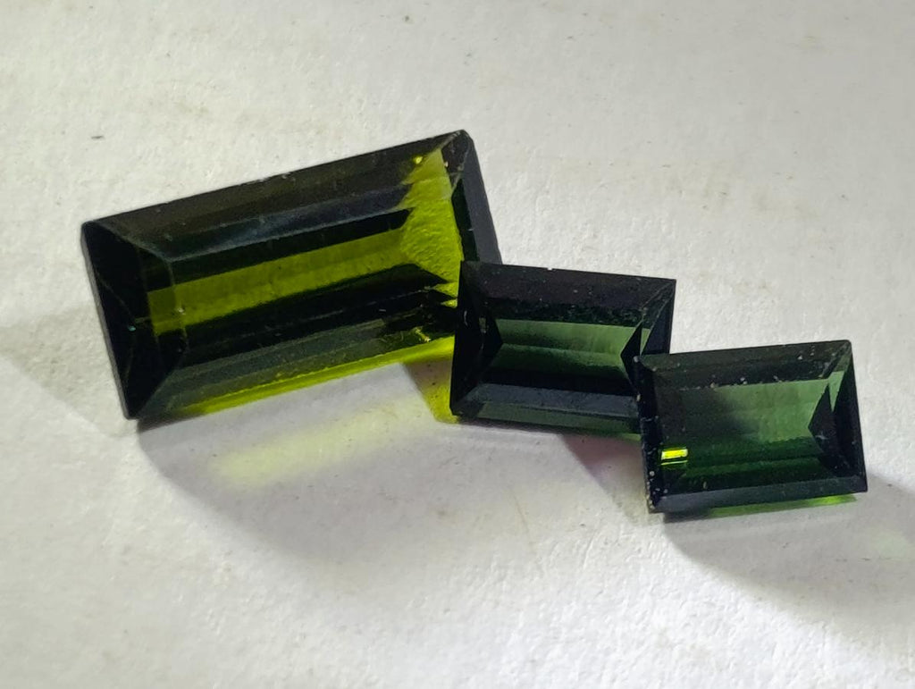 Polished Set of 3 Verdelite Green Tourmaline Baguette Cut Faceted Gemstones x 1 From Karibib, Namibia