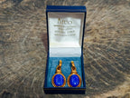 Polished Pair of Lapis Lazuli Earrings in Gold Setting x 1 From Afghanistan