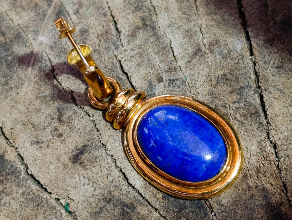 Polished Pair of Lapis Lazuli Earrings in Gold Setting x 1 From Afghanistan