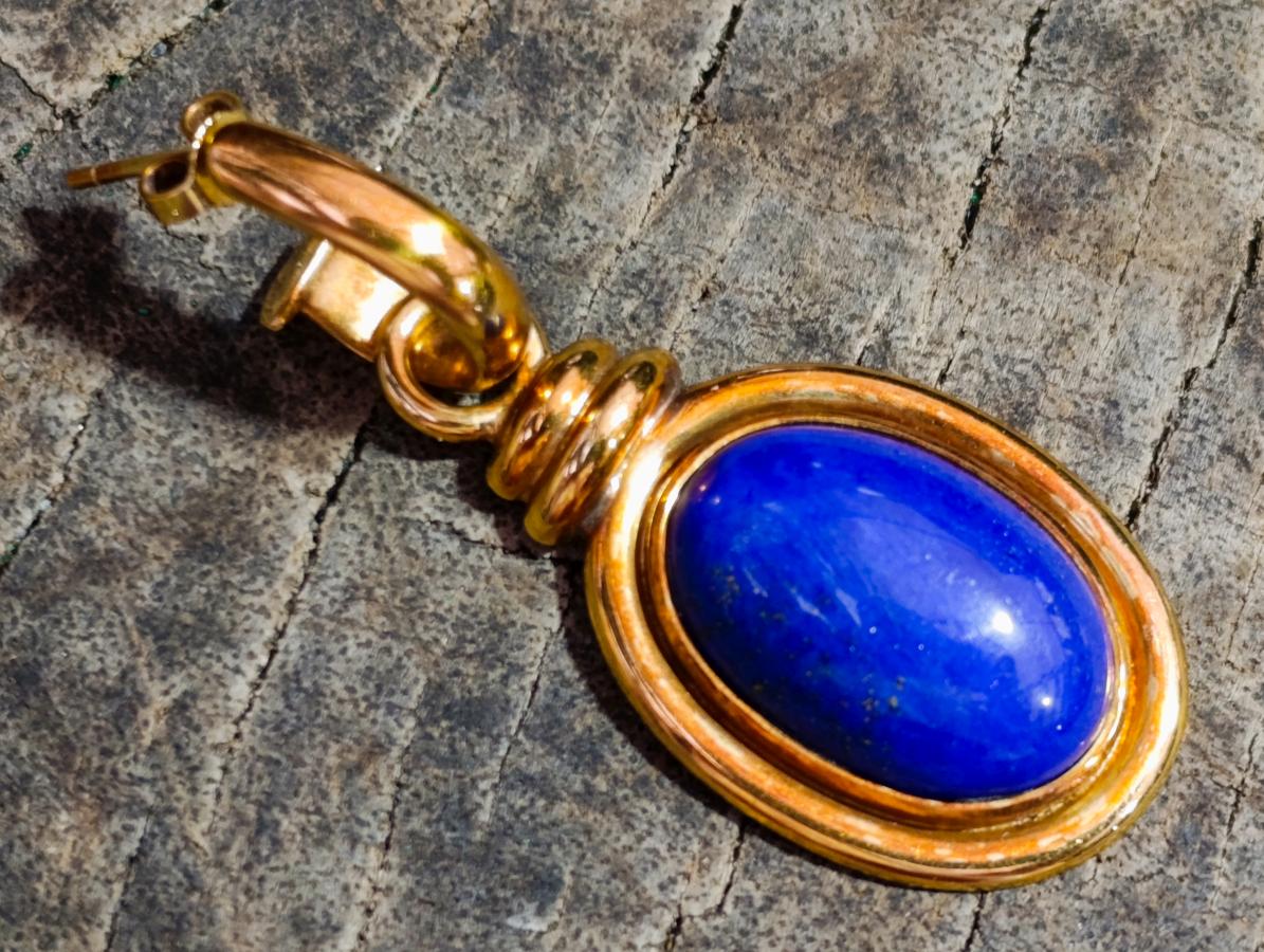 Polished Pair of Lapis Lazuli Earrings in Gold Setting x 1 From Afghanistan
