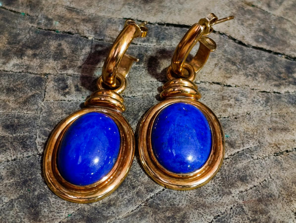 Polished Pair of Lapis Lazuli Earrings in Gold Setting x 1 From Afghanistan