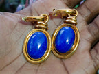 Polished Pair of Lapis Lazuli Earrings in Gold Setting x 1 From Afghanistan