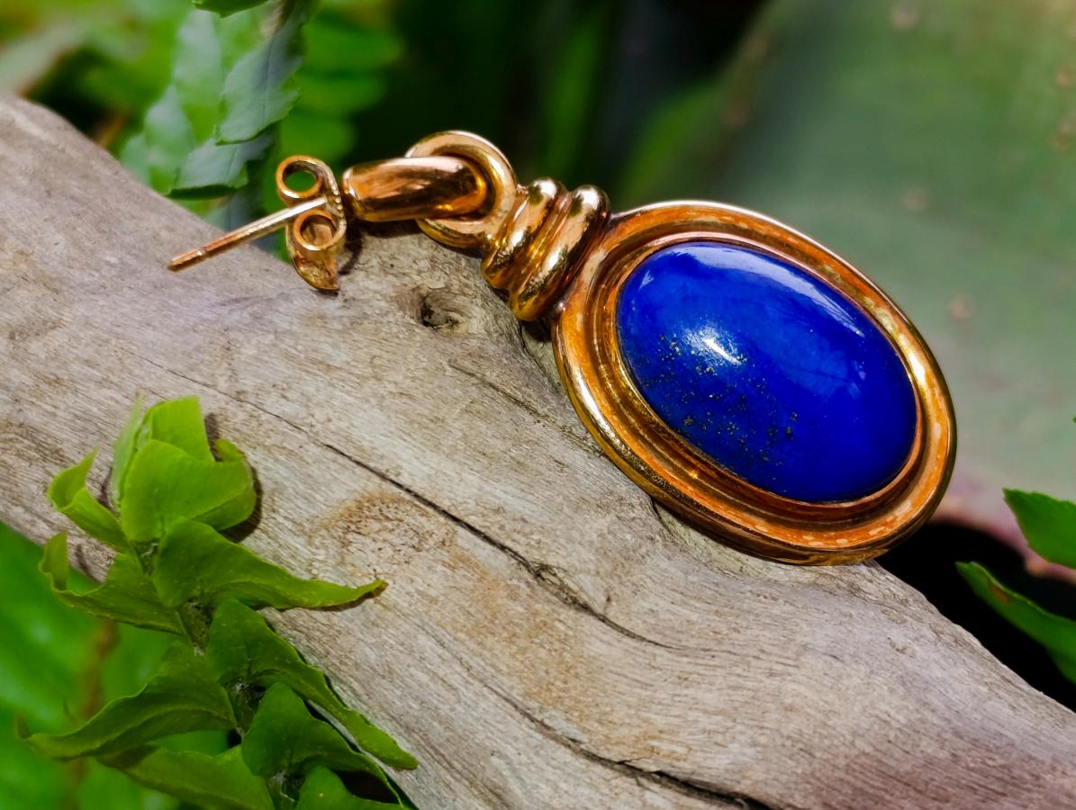 Polished Pair of Lapis Lazuli Earrings in Gold Setting x 1 From Afghanistan