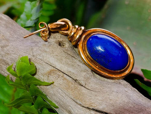 Polished Pair of Lapis Lazuli Earrings in Gold Setting x 1 From Afghanistan