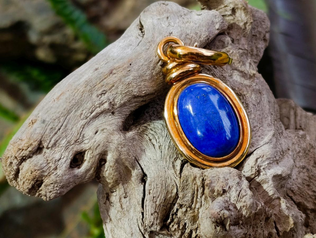 Polished Pair of Lapis Lazuli Earrings in Gold Setting x 1 From Afghanistan