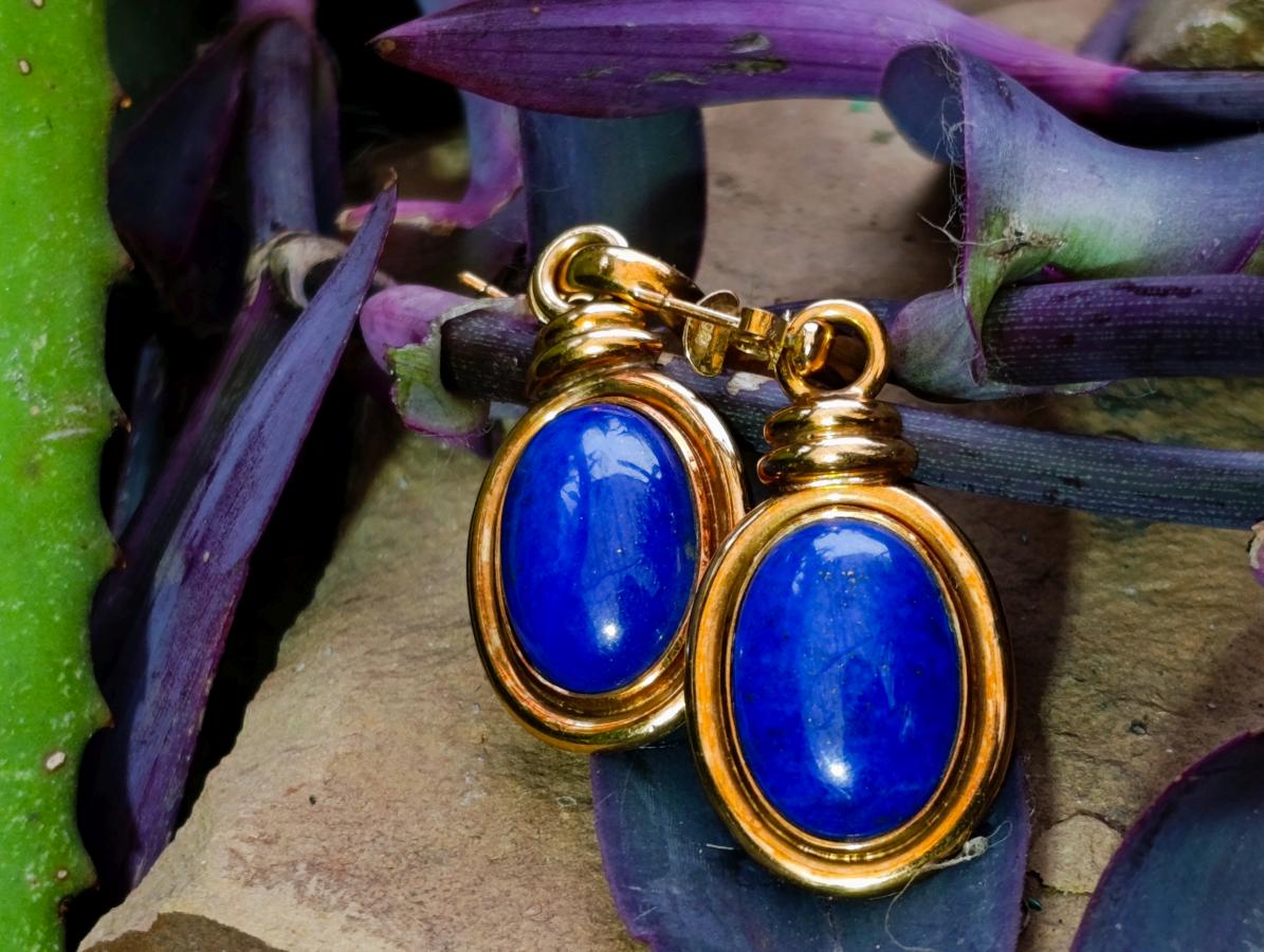 Polished Pair of Lapis Lazuli Earrings in Gold Setting x 1 From Afghanistan