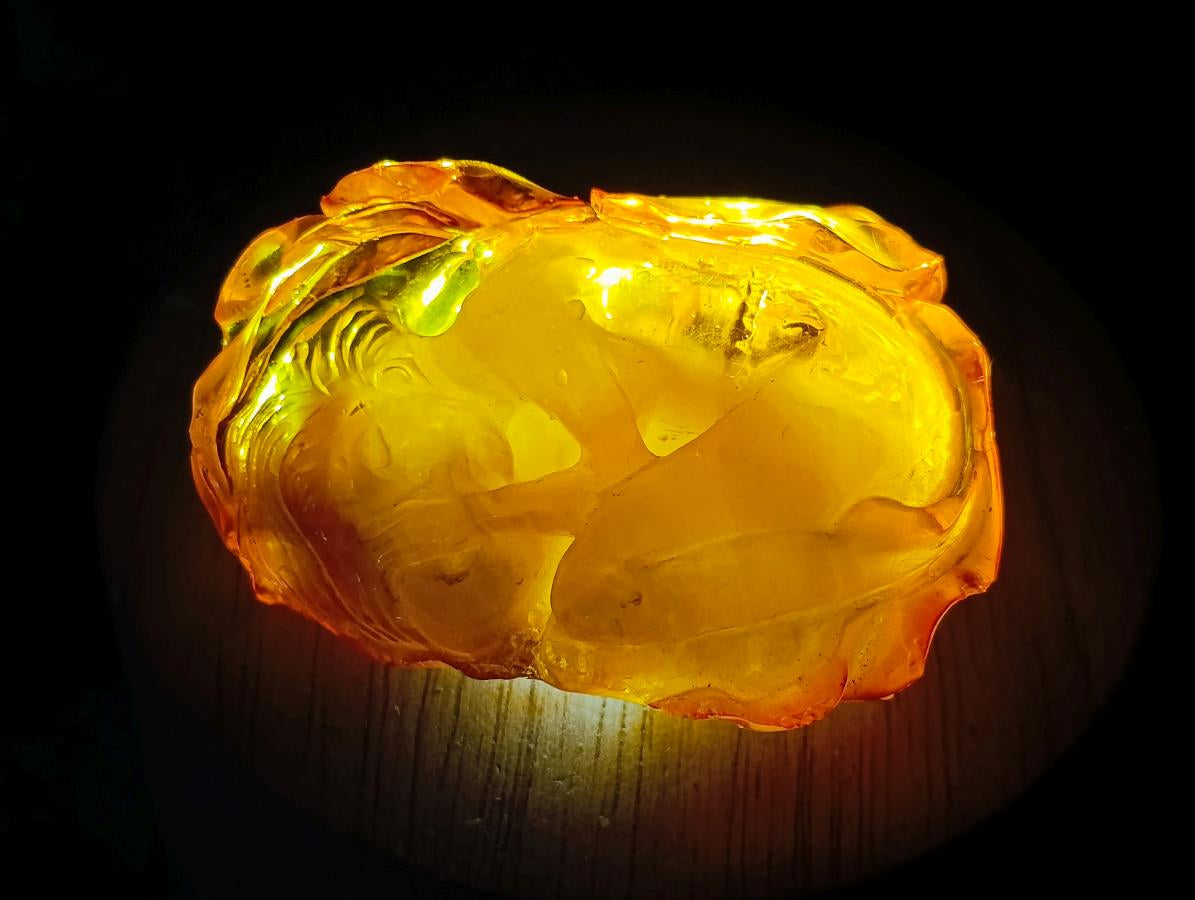Hand Made Fossil Amber Sleeping Girl Curled in a Flower Carving on a Hardwood Base x 1 From Poland