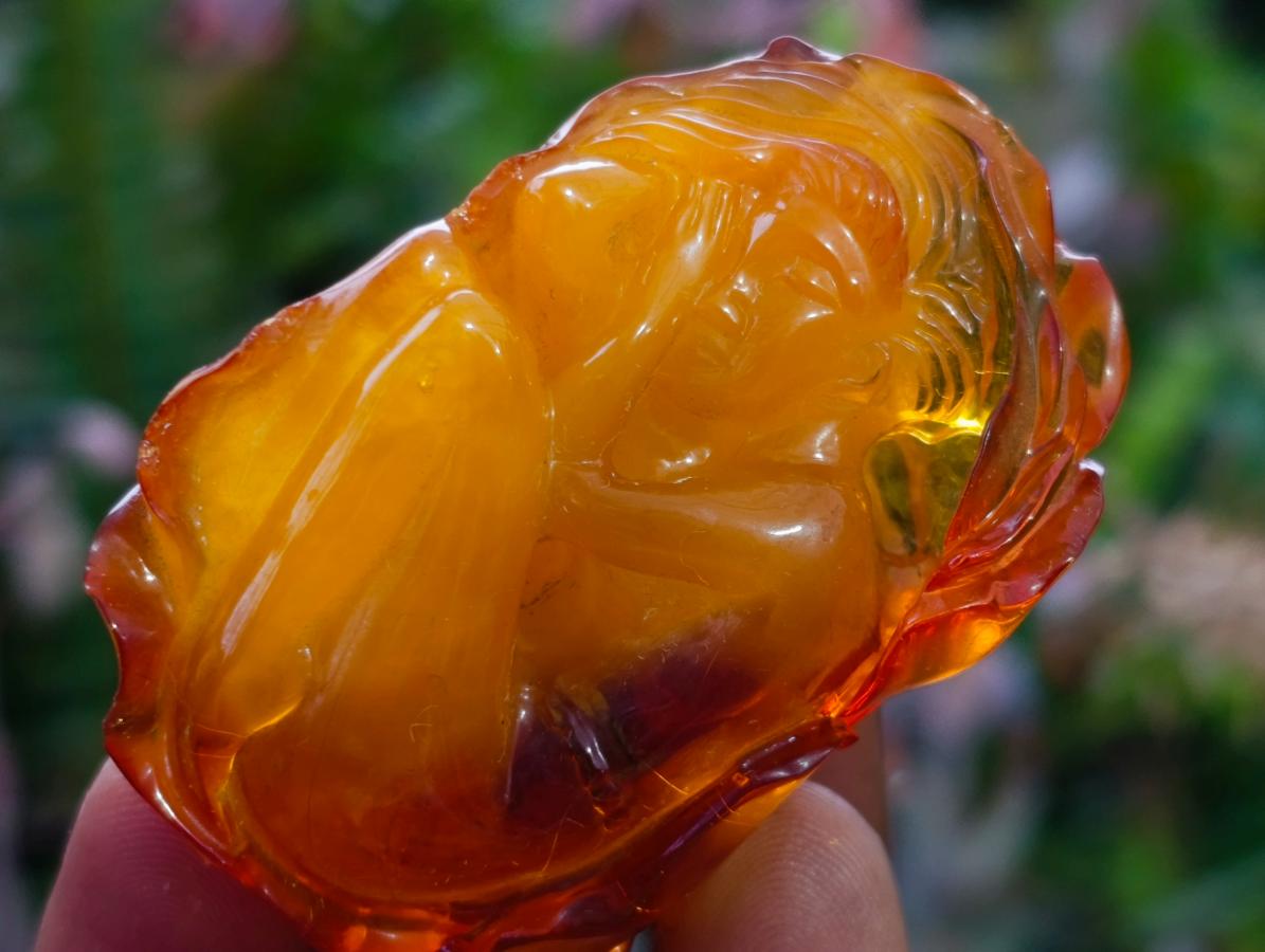 Hand Made Fossil Amber Sleeping Girl Curled in a Flower Carving on a Hardwood Base x 1 From Poland