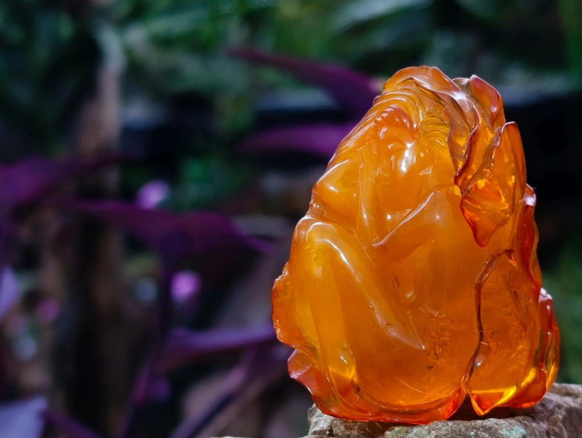 Hand Made Fossil Amber Sleeping Girl Curled in a Flower Carving on a Hardwood Base x 1 From Poland